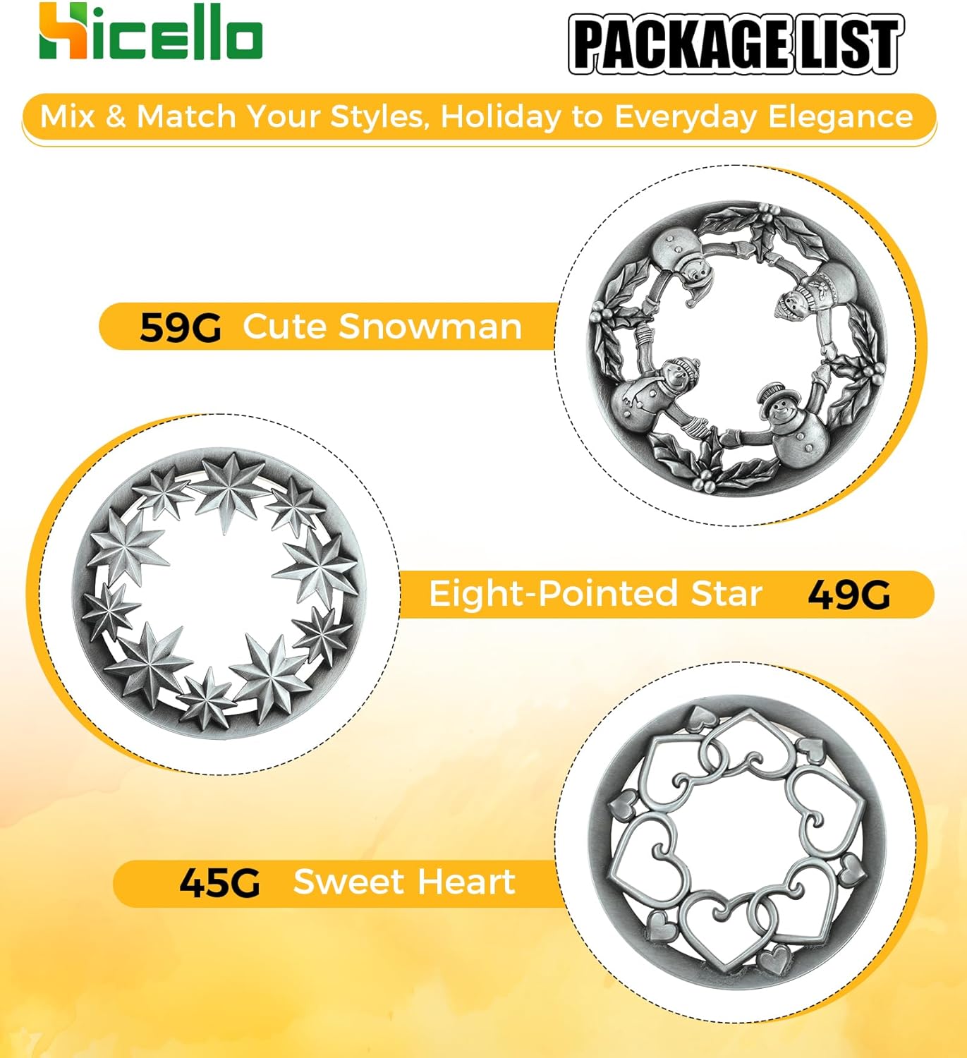 Skiennix Holiday Candle Toppers - Set of 3 Silver Metal Lids with Star, Heart & Snowman Designs | Fits 80mm Jars