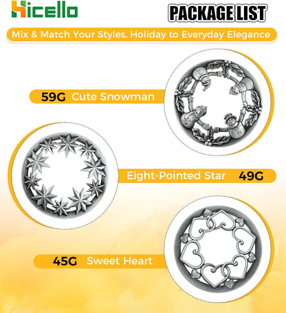 Skiennix Holiday Candle Toppers - Set of 3 Silver Metal Lids with Star, Heart & Snowman Designs | Fits 80mm Jars