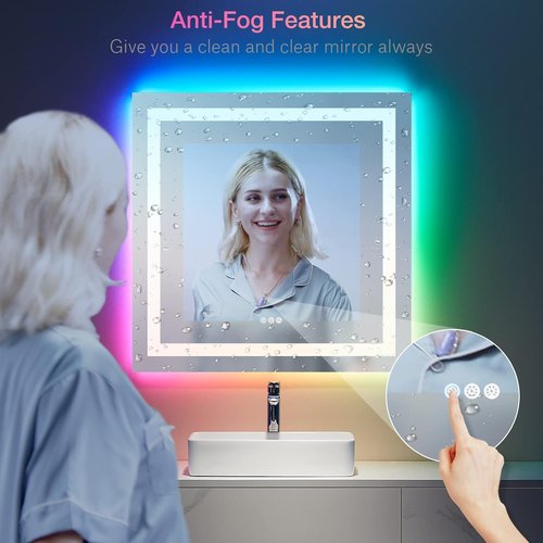 LOAAO LED Bathroom Mirror - 36" x 36" Anti-Fog, Dimmable, RGB Backlit & Front Lighted with Memory Function