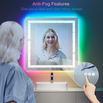 LOAAO 36"X36" LED Bathroom Mirror with Lights, Anti-Fog, Dimmable, RGB Backlit + Front Lighted, Bathroom Vanity Mirror for Wall, Memory Function
