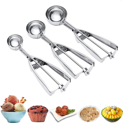 Skiennix Ice Cream Scoop Set - 3Pcs Stainless Steel Cookie Scoopers with Trigger Release | Large, Medium, Small
