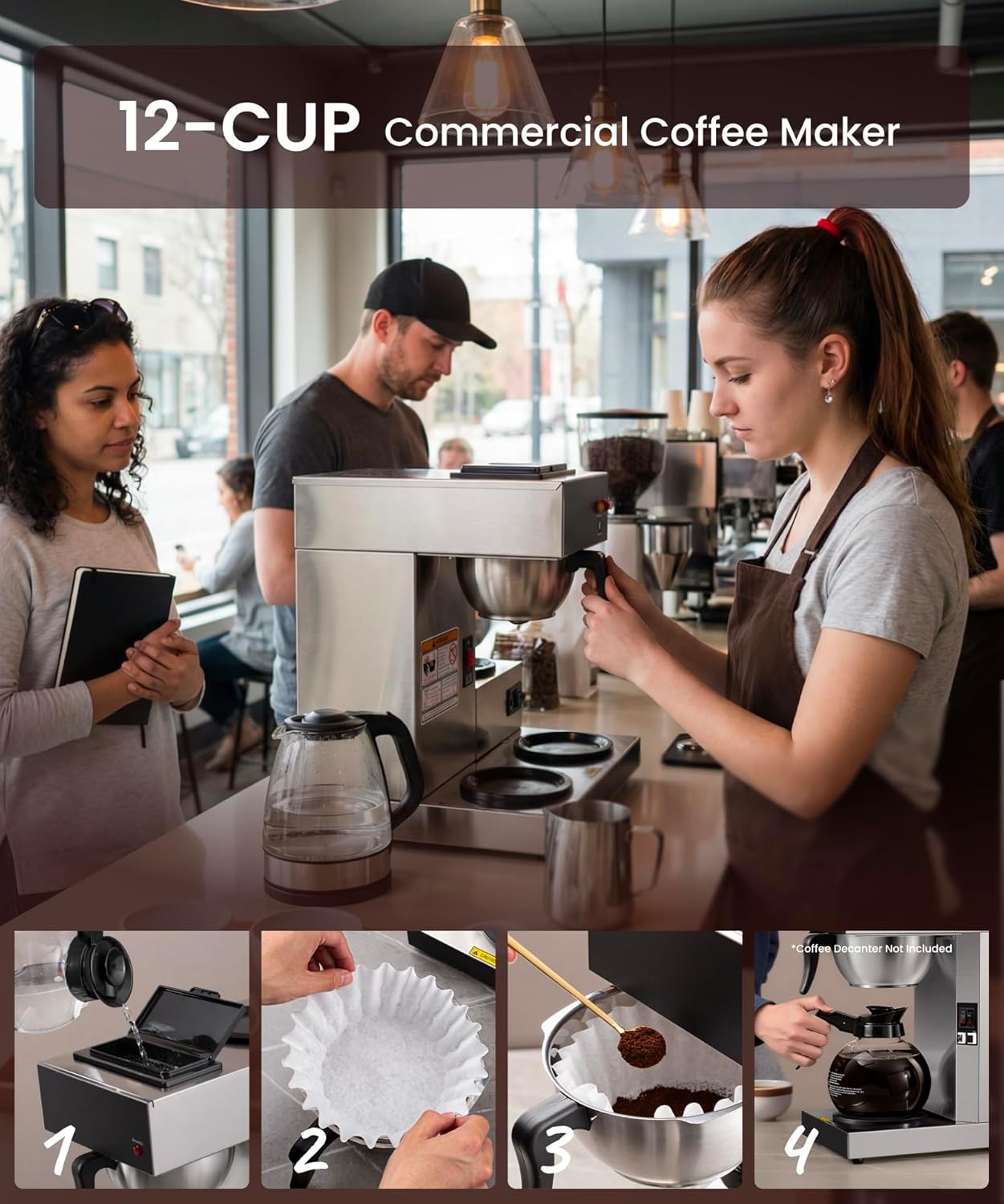 SYBO 12-Cup Commercial Coffee Maker - Pour Over Drip Brewer with 3 Warmers & Stainless Steel Design