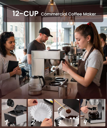 SYBO 12-Cup Commercial Coffee Maker - Pour Over Drip Brewer with 3 Warmers & Stainless Steel Design