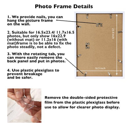 JCJMY 16.5x23.4 A2 Picture Frame White with 11.7x16.5 A3 Mat, Display Photo 11.7x16.5 with Mat or 16.5 x 23.4 Without Mat, Wall Hanging Large Frame with Plexiglass, White