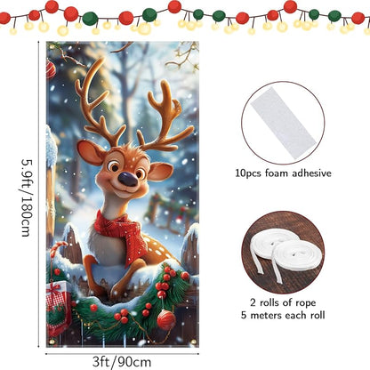 6ft x 3ft Christmas Reindeer Door Cover - Festive Fabric Front Door Decoration