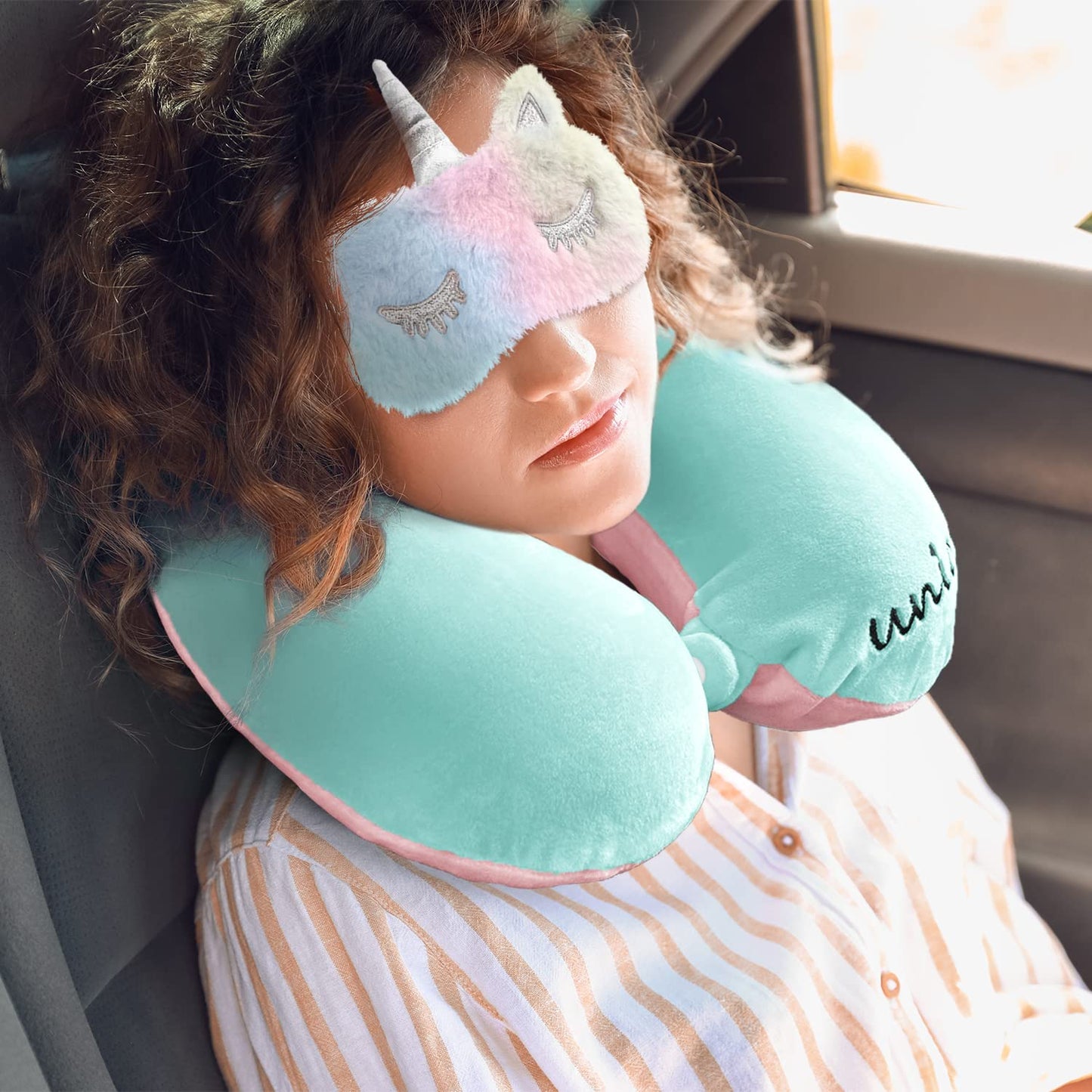 urnexttour Neck Travel Pillow for Kids, Unicorn Airplane Memory Foam Pillow with Cute Sleep Mask & Earplugs, Lightweight Travelling Sleeping Pillow Set for Car, Train, Bus and Home Use (Blue)