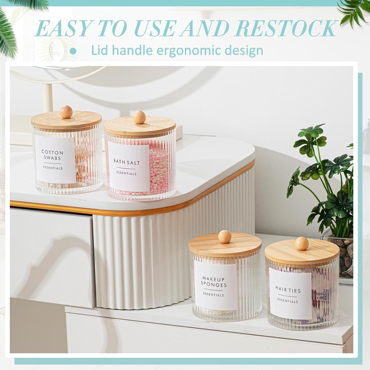 Yaomiao Ribbed Bathroom Canisters - 6 Pcs Apothecary Jars with Bamboo Lids & Labels | 18 oz Plastic Storage for Cotton Balls, Swabs, Floss Picks