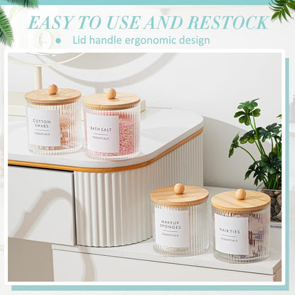 Yaomiao Ribbed Bathroom Canisters - 6 Pcs Apothecary Jars with Bamboo Lids & Labels | 18 oz Plastic Storage for Cotton Balls, Swabs, Floss Picks