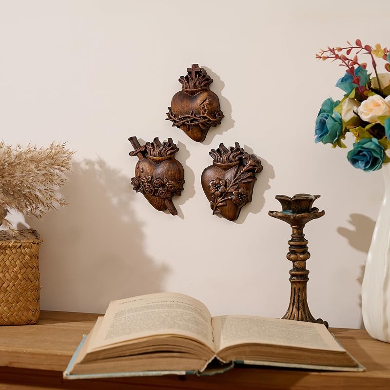 Wooden Three Sacred Hearts Wall Decor - Holy Family Beech Wood 4 Inch, Handmade