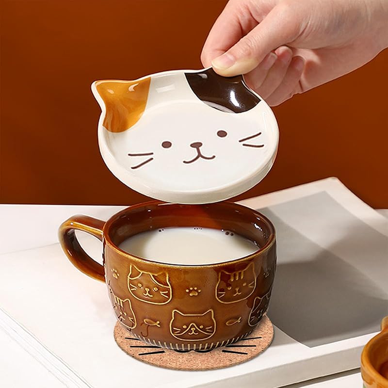 2Pcs Cute Cat Mug with Lid - 10oz Ceramic Tea Cups Set (Brown + Yellow)