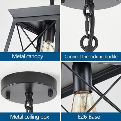 HuixuTe Black Farmhouse Pendant Lights, Industrial Kitchen Island Lighting, Rectangle Linear Cage Chandeliers for Kitchen, Dining Room Table