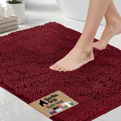 GORILLA GRIP Bath Rug Mat - Soft Absorbent Chenille | Quick-Dry Microfiber, 48x24, Burgundy