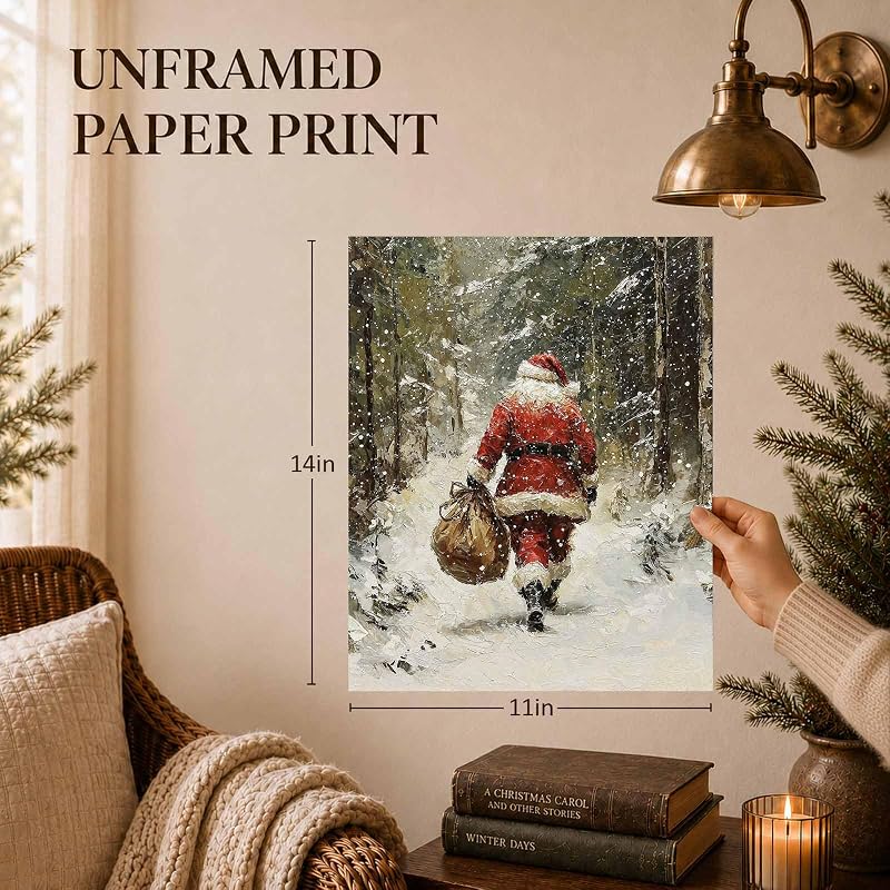 Santa Claus Wall Art Print - Vintage Christmas Illustration Unframed 14" x 11" (Variation: Santa Walking)