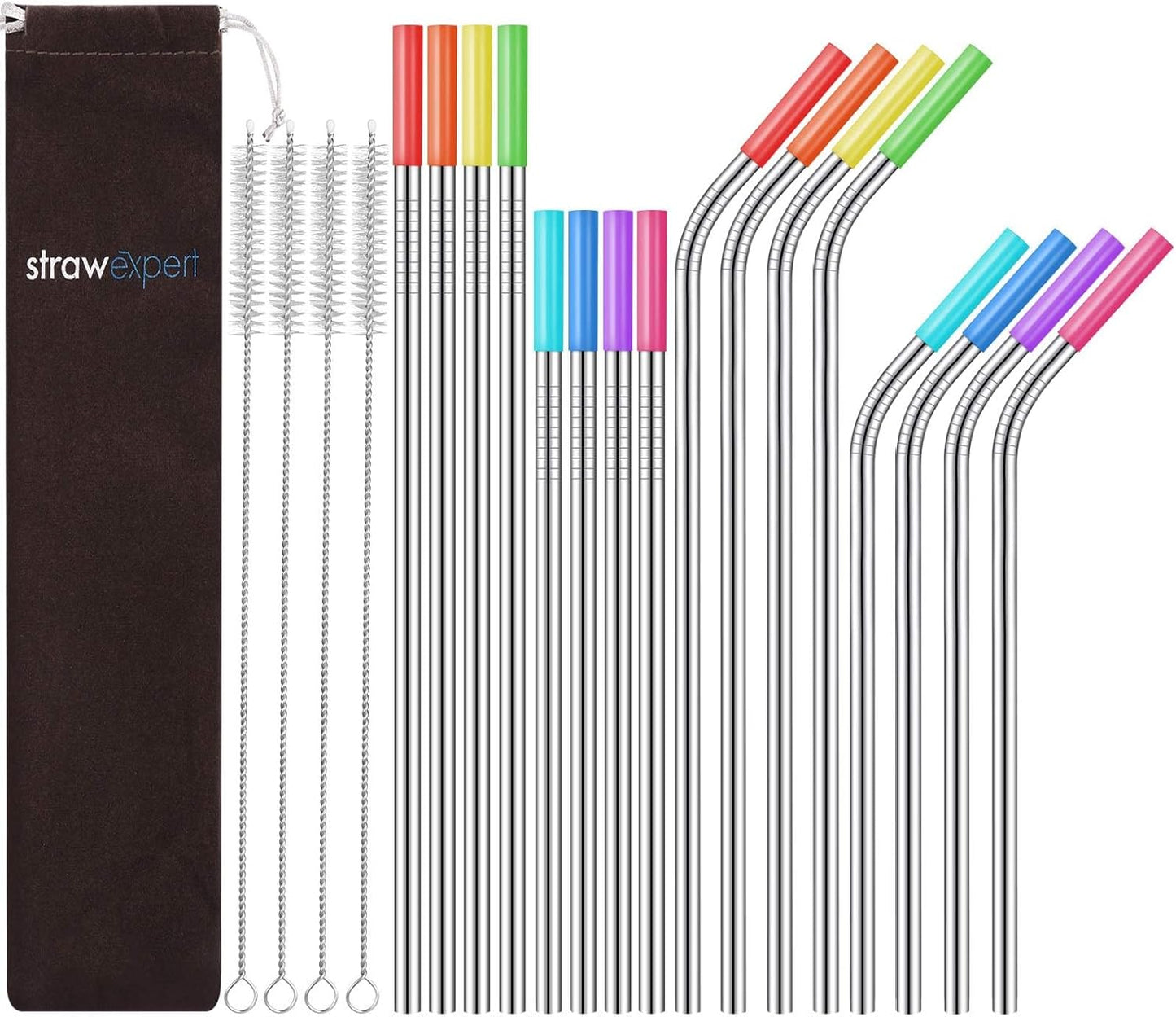Skiennix Reusable Stainless Steel Straws - Eco-Friendly Extra Long Set of 16 with Travel Case & Cleaning Brush