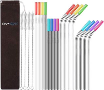 Skiennix Reusable Stainless Steel Straws - Eco-Friendly Extra Long Set of 16 with Travel Case & Cleaning Brush