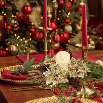 Christmas Candle Ring - Artificial Golden Flower & Pine Wreath for Holiday Table Centerpiece