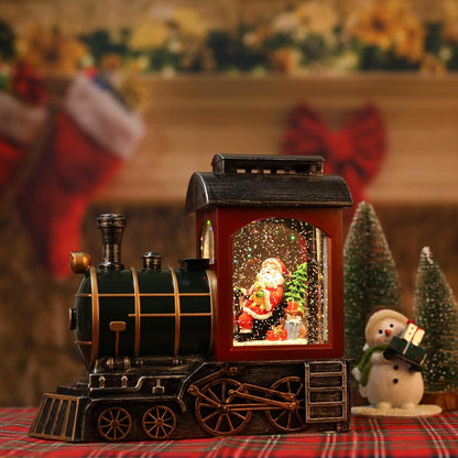 Santa Red Train Christmas Snow Globe Lantern - Musical & Light-Up Holiday Décor | USB & Battery Operated, 6-Hour Timer