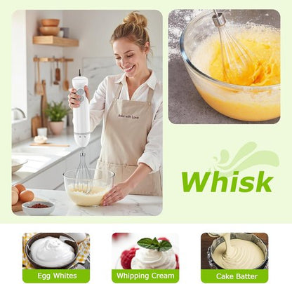 Bonsenkitchen Immersion Blender - 4-In-1 Handheld Stick Mixer with Whisk & Chopper Bowl - White