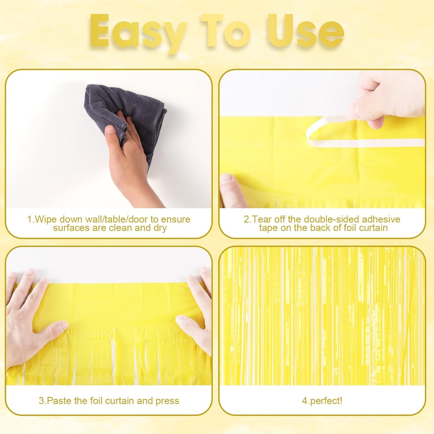 Voircoloria Foil Fringe Backdrop Curtains - 3 Pack of 3.3 x 8.2 ft Pastel Yellow Tinsel Streamers for Parties