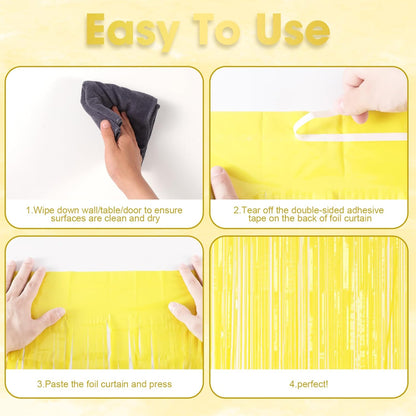 Voircoloria Foil Fringe Backdrop Curtains - 3 Pack of 3.3 x 8.2 ft Pastel Yellow Tinsel Streamers for Parties