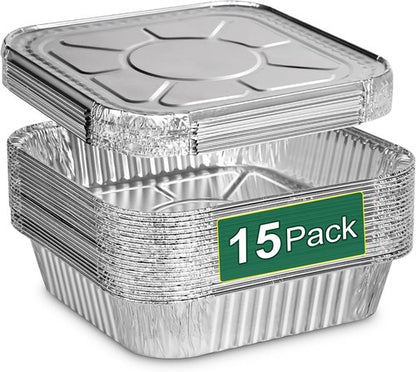 Heavy-Duty Aluminum Foil Pans by [Brand Name] - 8x8 Inch Disposable Baking Trays with Lids | 15 Pack, Reusable & Leakproof