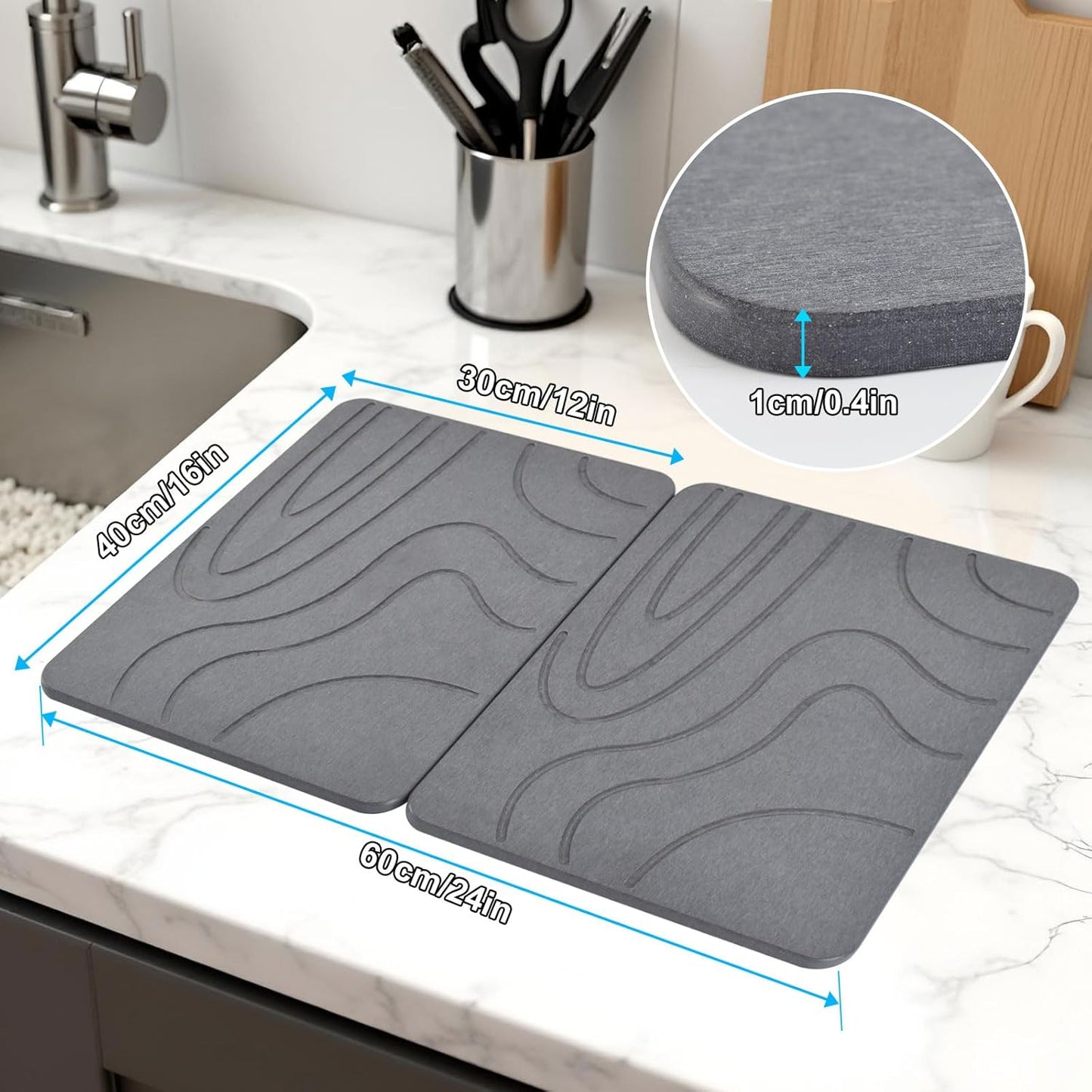Stone Drying Mat - 2 Pack 16''x12'' Double-Sided Diatomaceous Earth | Quick Drying, No Moisture Residue