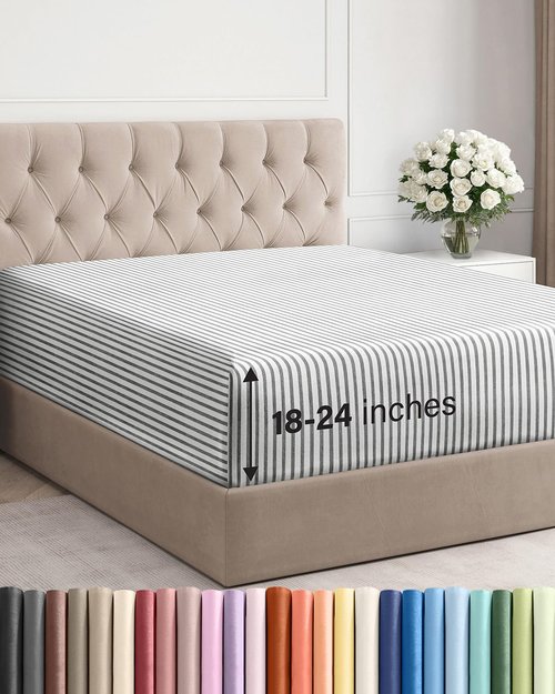 Extra Deep Full Fitted Sheet - Hotel Luxury Single Fitted Sheet Only - Easily Fits 18 inch to 24 inch Mattress - Ultra Soft, Wrinkle Free with Extra Deep Pockets - Breathable & Comfy - Grey Stripes