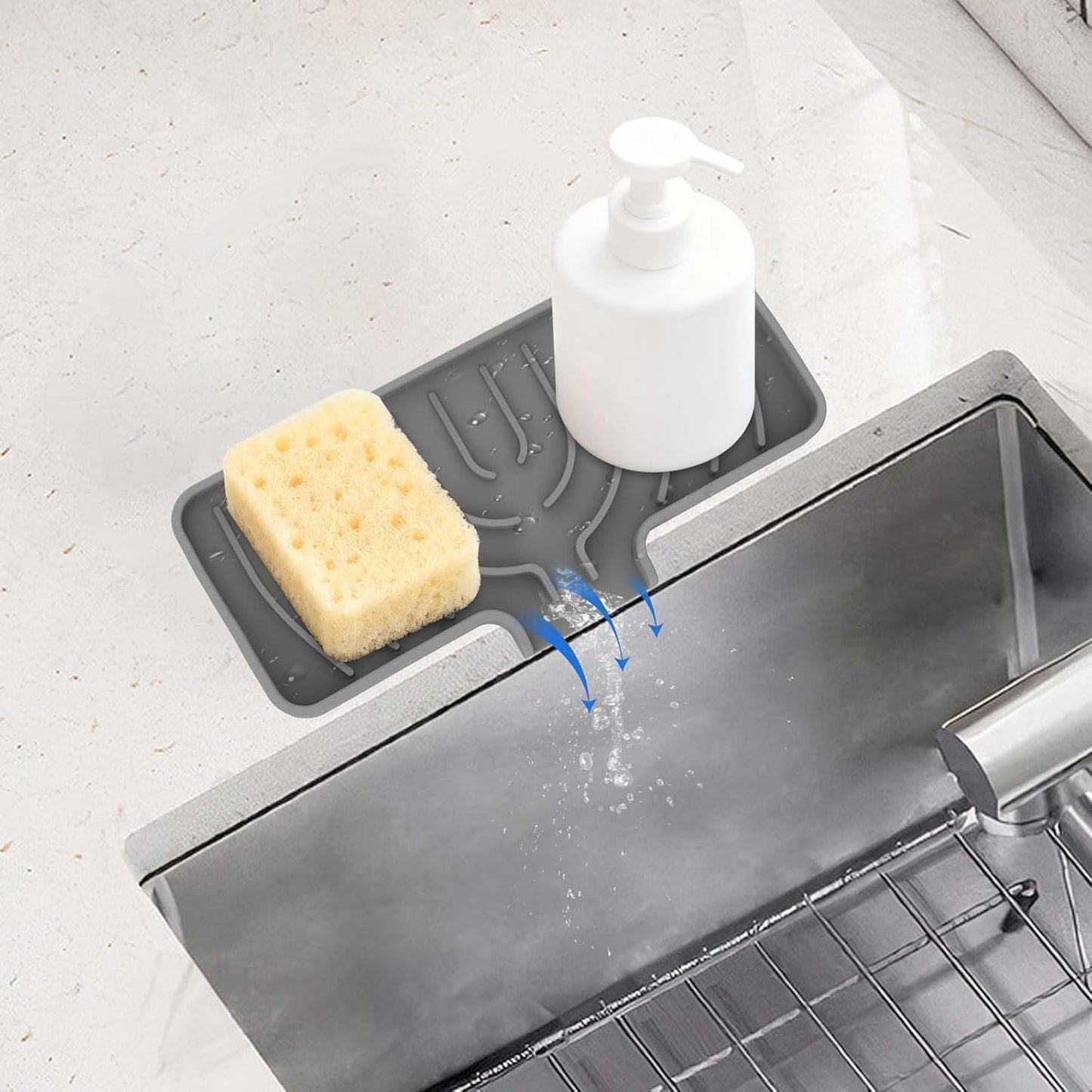 Skiennix Silicone Sponge Holder - Self-Draining Kitchen Sink Caddy | Gray, 10"x4" Soap Tray
