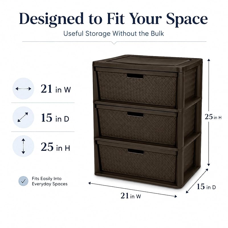 Wide 3-Drawer Decorative Organizer Chest Brown – Cross-Weave Storage Tower