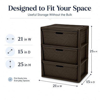 Wide 3-Drawer Decorative Organizer Chest Brown – Cross-Weave Storage Tower