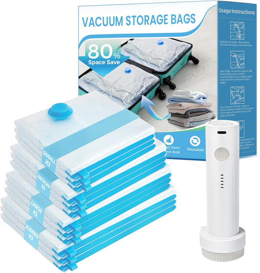 Skiennix Vacuum Seal Bags - 12 Pack Clothing Storage Bags with Portable Electric Pump | Space Saver for Travel