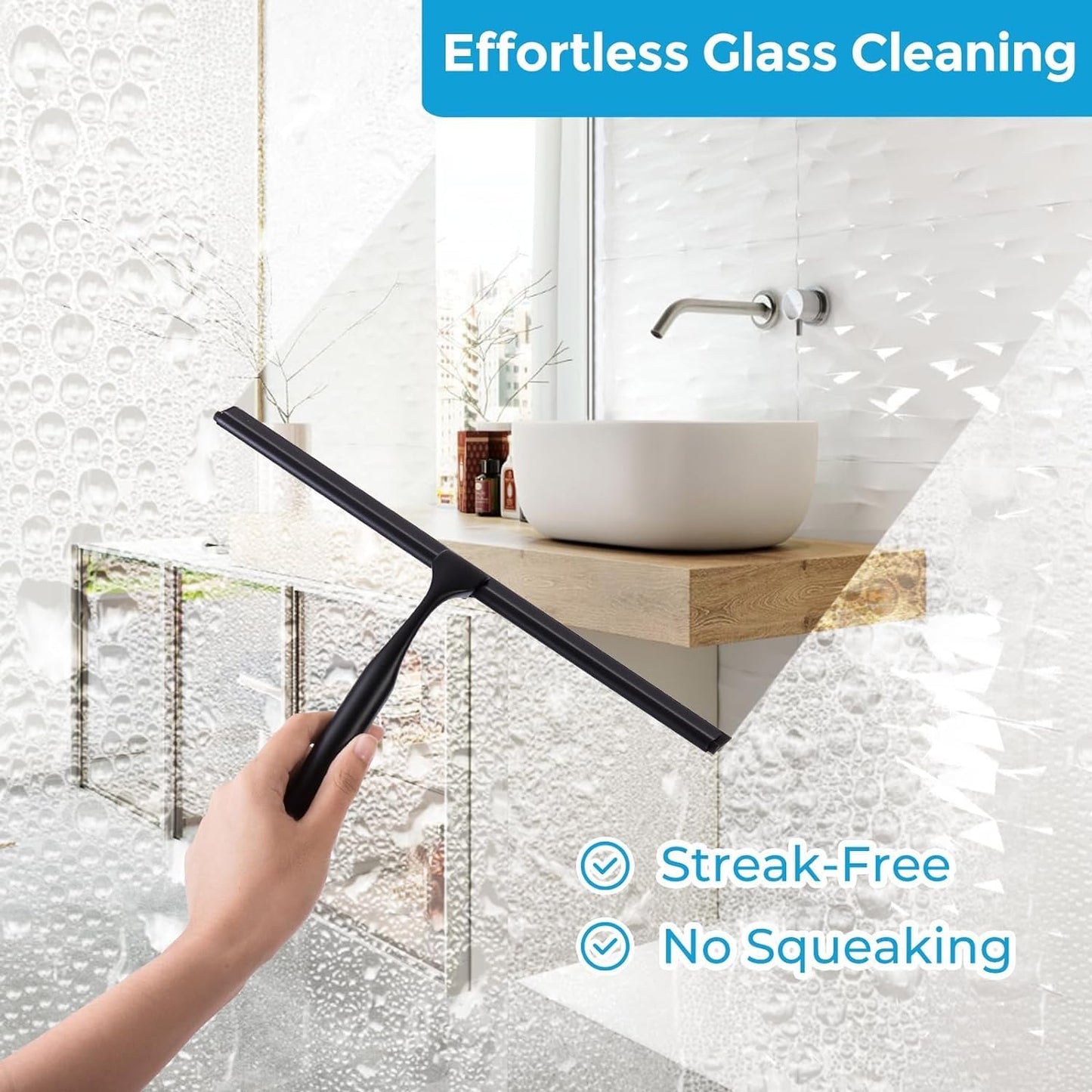 Quntis 12-Inch Shower Squeegee - Heavy-Duty Black Glass Cleaner with Non-Slip Handle & Hooks