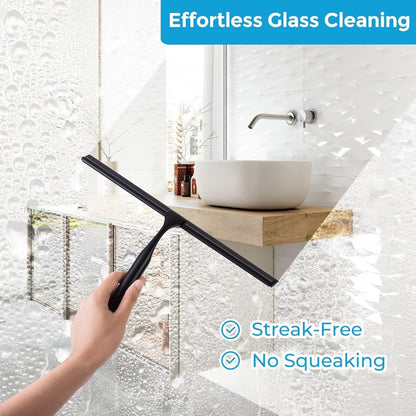 Quntis 12-Inch Shower Squeegee - Heavy-Duty Black Glass Cleaner with Non-Slip Handle & Hooks