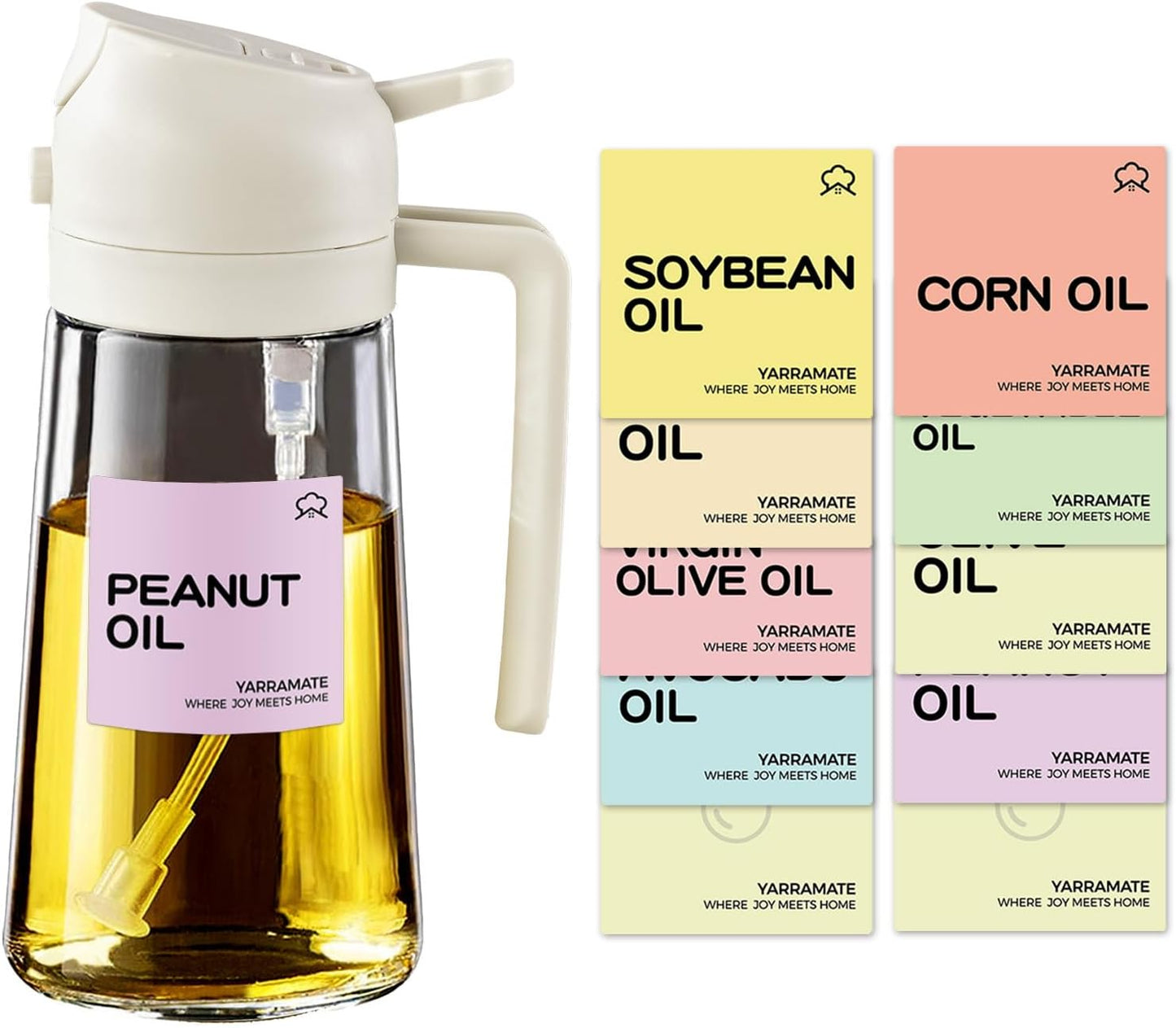 YARRAMATE Glass Olive Oil Sprayer - 16oz with 10 Color Labels for Easy Identification