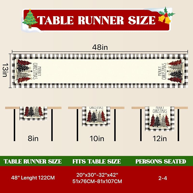 Red & White Christmas Table Runner 13x48 in - Buffalo Check Holiday Decor, 48in