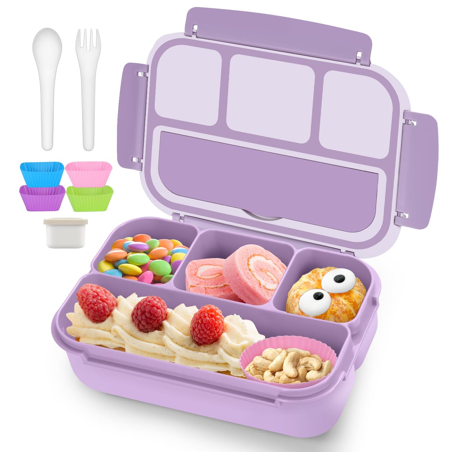 QQKO Bento Box Adult Lunch Box, Lunch Containers for Adults Men Women, Kids Lunch Boxes for School with 4 Compartments, Sauce Container, Utensils and Muffin Cups, Purple