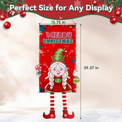 Elf Girl Christmas Banner - Merry Xmas Hanging Flag for Door Decor, Weatherproof Polyester
