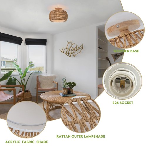 DSLITING Rattan Chandelier Boho Ceiling Light Fixtures Drum Flush Mount Ceiling Light Small Woven Chandelier for Kitchen Bedroom Hallway Nursery Light Fixture