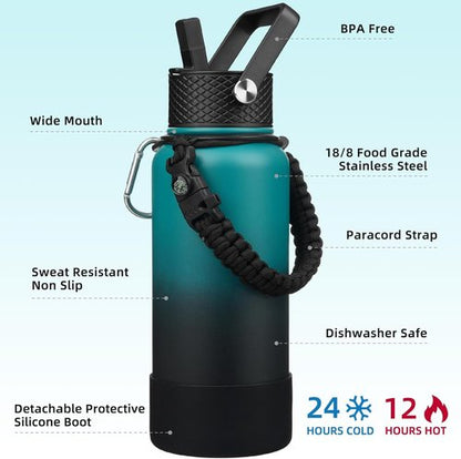 BJPKPK 32oz Insulated Water Bottle - Durable Stainless Steel with 3 Lids & Paracord Handle | Army Green & Black