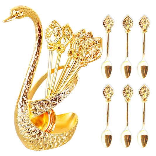 Coffee Spoon Set with Swan Base Holder, Metal Swan Base Holder Spoon Organizer with 6 Spoons, Small Delicate Spoons for Coffee Fruit Dessert Ice Cream Cake (Gold)