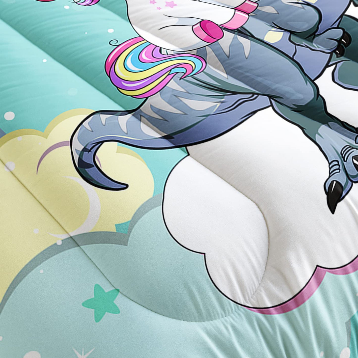 Unicorn Comforter Set 3Pcs Cartoon Dinosaur Kids Bedding Set Rainbow Cloudy Star Bed Set with 1 Comforter and 2 Pillowcases