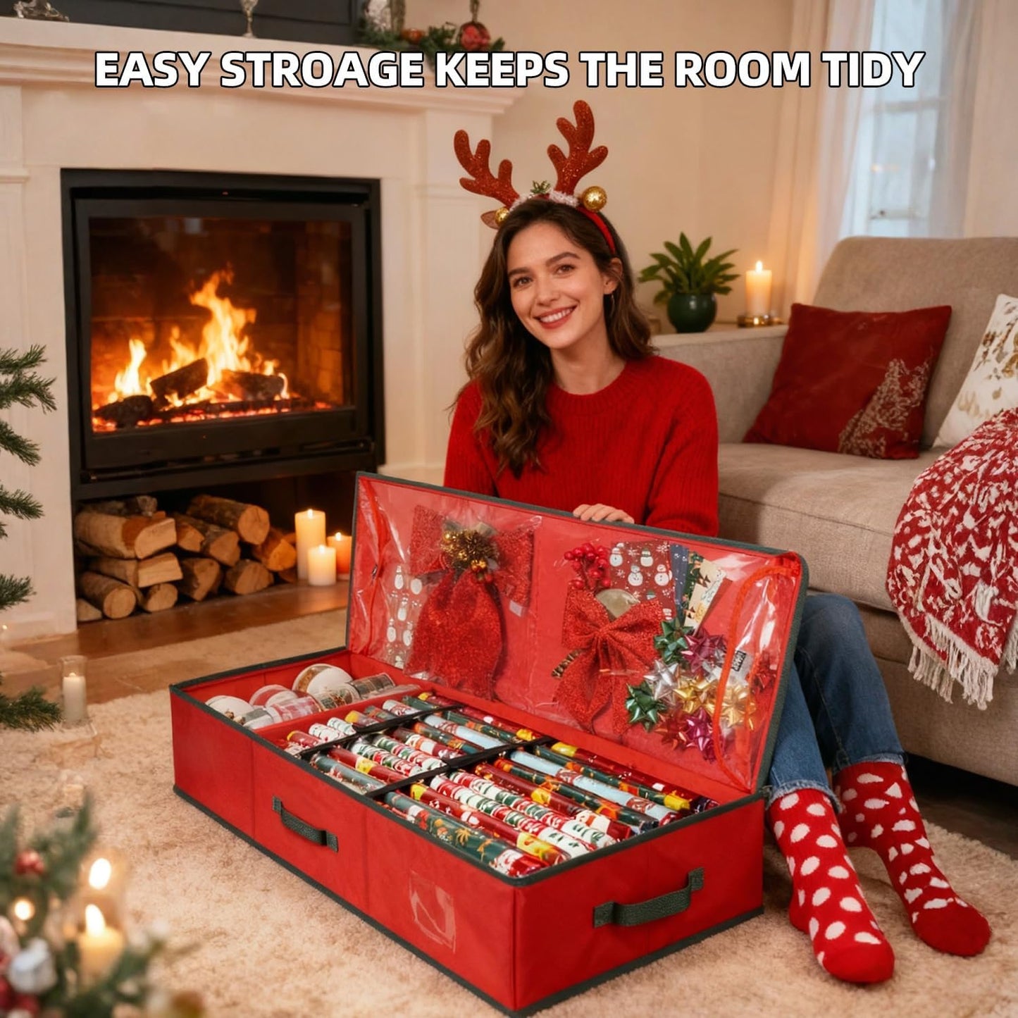 VoMii Gift Wrap Organizer - 40 Inch Storage Container for 24 Rolls of Wrapping Paper | Underbed Bag with Pockets