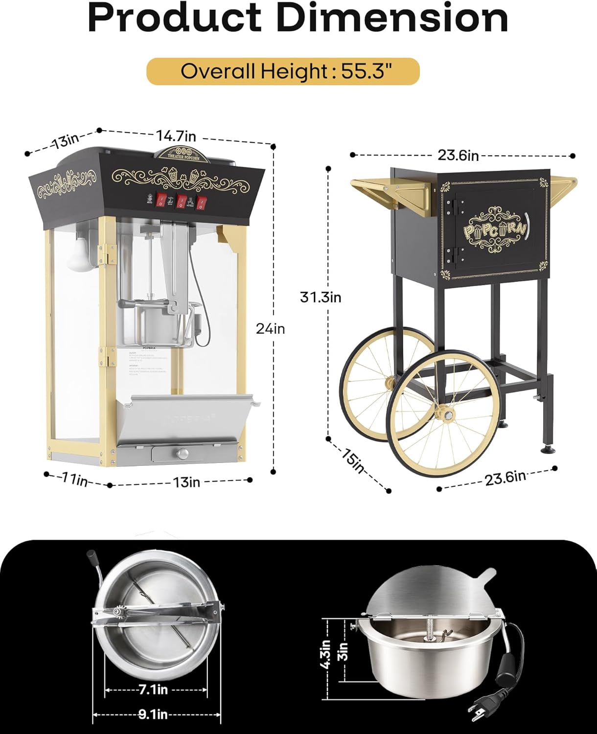 Skiennix Popcorn Machine - 12oz Retro Professional Maker with Warming Deck | 64-Cup Capacity for Home Theater & Parties - Black and Gold
