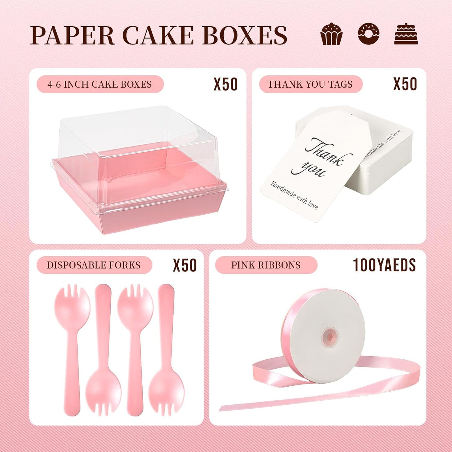 Regine Switzerland Paper Cake Boxes - 50 Pack Pink Clear Lid Containers for 4-6 Inch Desserts | Perfect for Valentine's Day