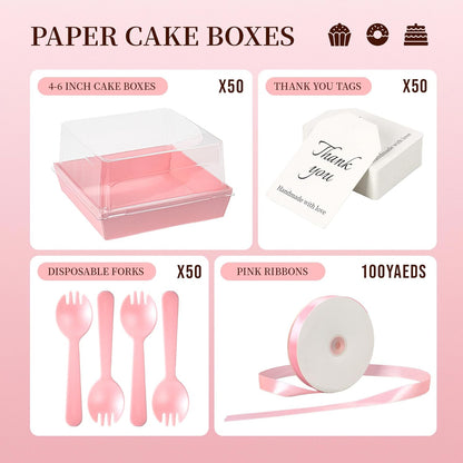 Regine Switzerland Paper Cake Boxes - 50 Pack Pink Clear Lid Containers for 4-6 Inch Desserts | Perfect for Valentine's Day