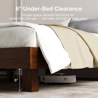 Novilla Walnut Finish Floating Queen Bed Frame with Motion Sensor LED Light & USB-C Power Station