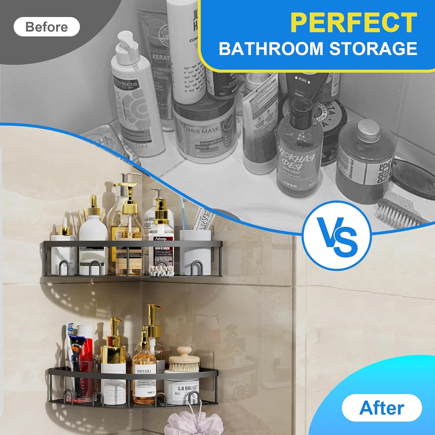 Skiennix Corner Shower Caddy - 2 Pack Adhesive Bathroom Organizer Shelf | No Drilling, Rustproof, Black