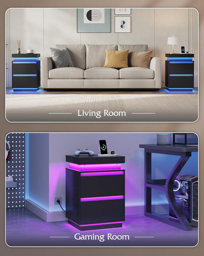 WLIVE Tall Black Nightstand - Modern Bedside Table with LED Lights & Charging Station | 2 Wooden Drawers