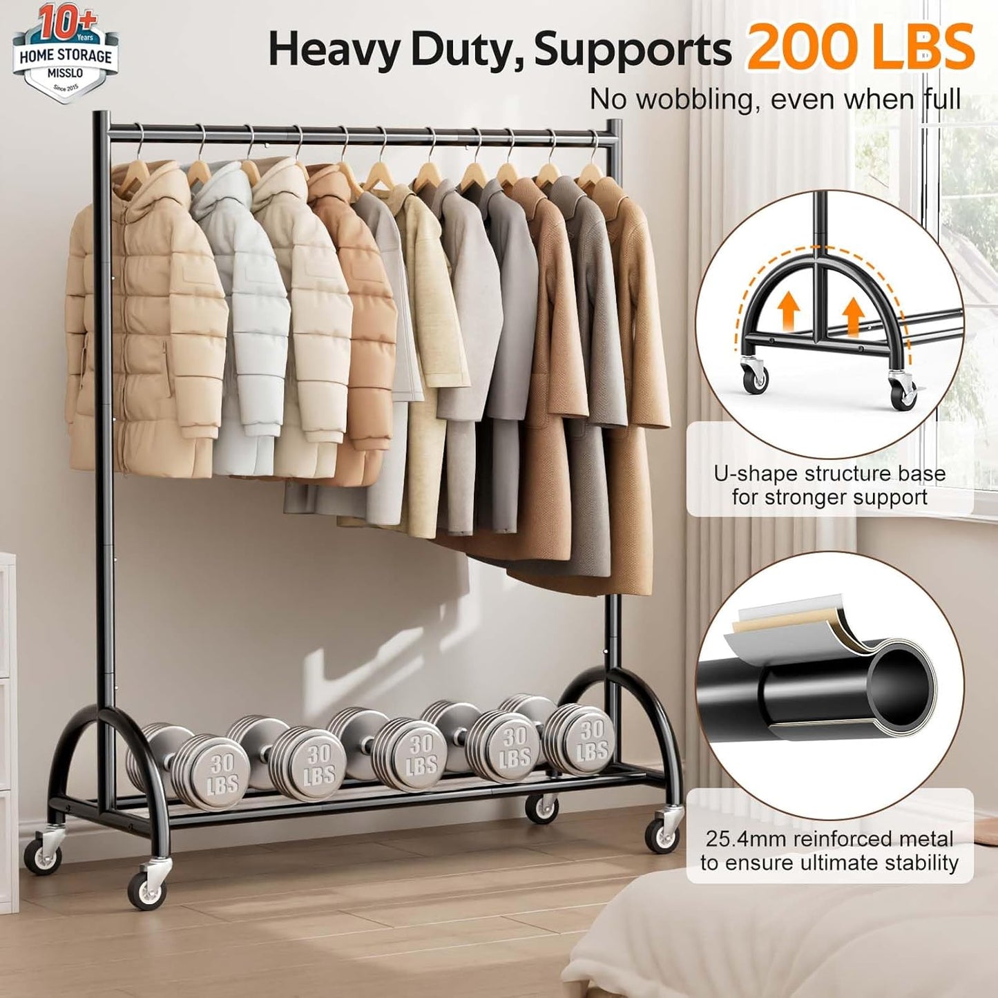 MISSLO Heavy Duty Clothing Rack - Rolling Garment Rack for Coats & Dresses - Black Finish