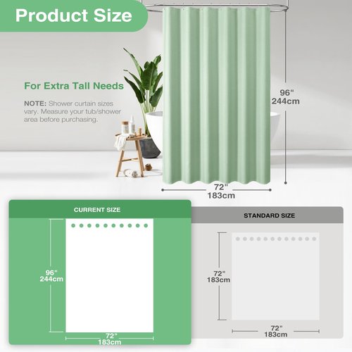 Dynamene Extra Long Shower Curtain - 96 Inch Long Waffle Weave Weighted Thick Cloth Bathroom Shower Curtain, Neutral Heavy Duty Hotel Bath Curtain Set with 12 Plastic Hooks,72x96, Mint Green